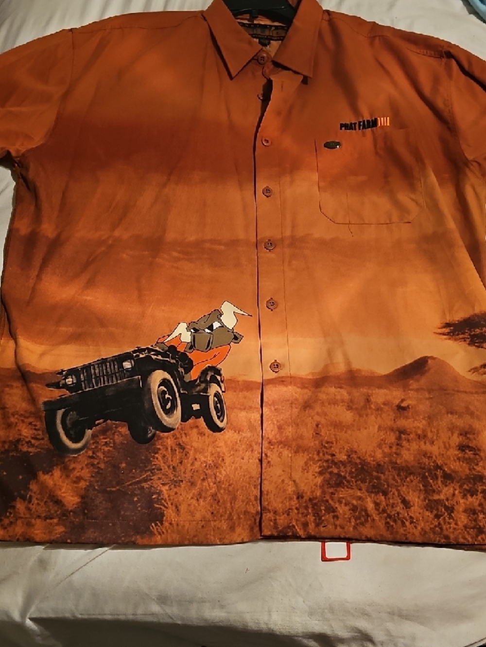 Phat Farm Rust Orange Button-Down Shirt with Motorcycle Print